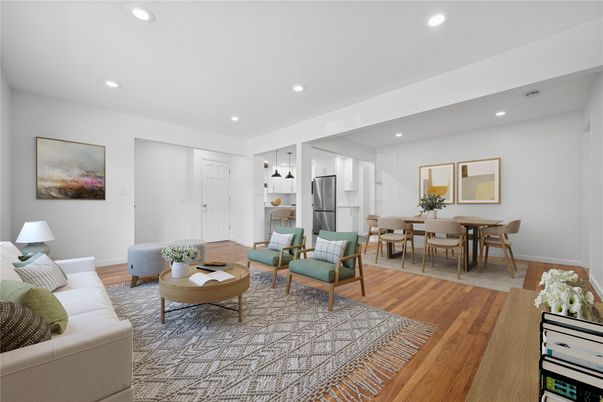 Dining room, Interior, Kitchen, Living room, Recessed Lighting, Wood Texture Flooring