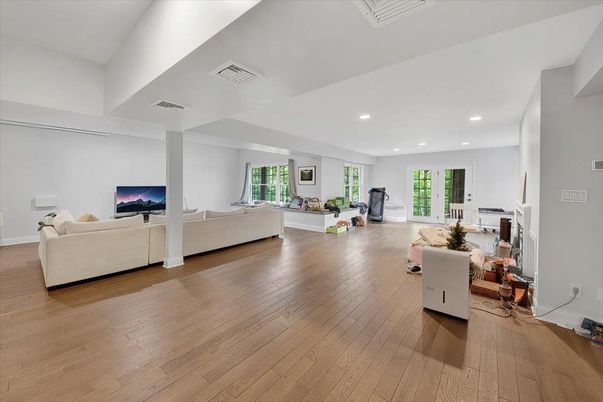 Fireplace, Interior, Living room, Recessed Lighting, Wood Texture Flooring