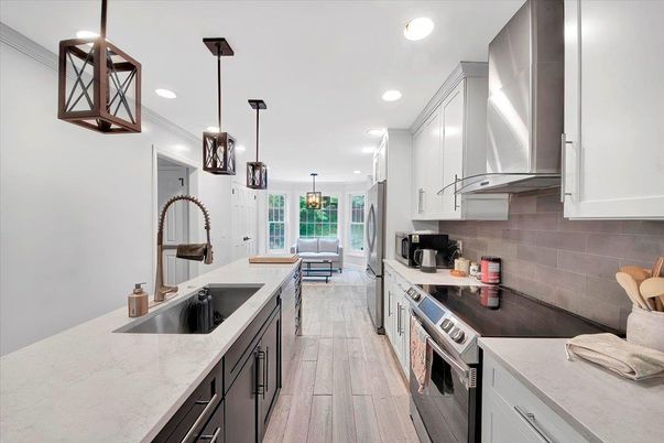 Interior, Kitchen, Pendant Lights, Recessed Lighting, Stainless Steel Appliances, Wood Texture Flooring