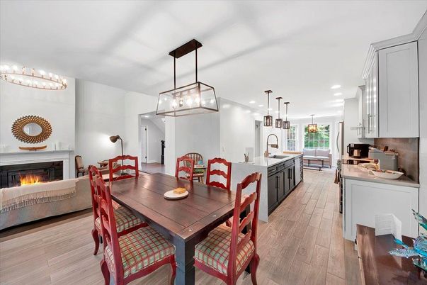Dining room, Fireplace, Interior, Kitchen, Pendant Lights, Recessed Lighting, Wood Texture Flooring