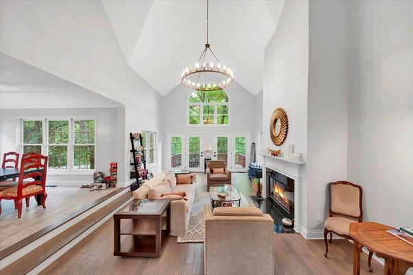 Fireplace, Interior, Living room, Pendant Lights, Wood Texture Flooring