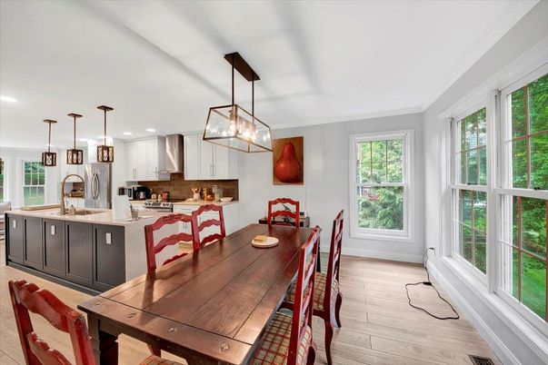 Dining room, Interior, Kitchen, Pendant Lights, Recessed Lighting, Wood Texture Flooring