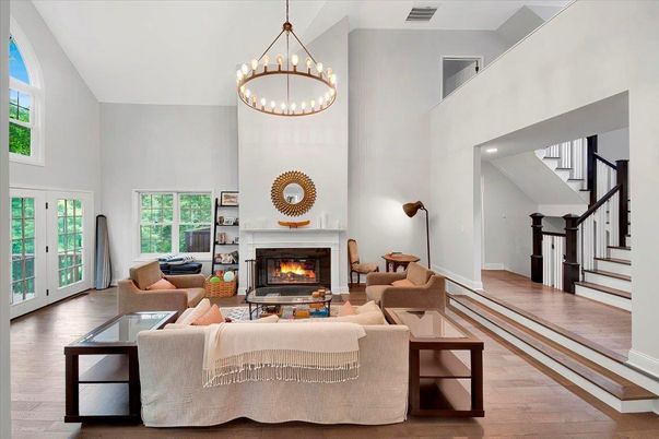 Fireplace, Interior, Living room, Pendant Lights, Wood Texture Flooring