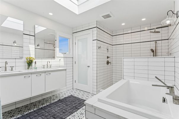Bathroom, Dual Sink Vanities, Glass Shower, Interior, Recessed Lighting
