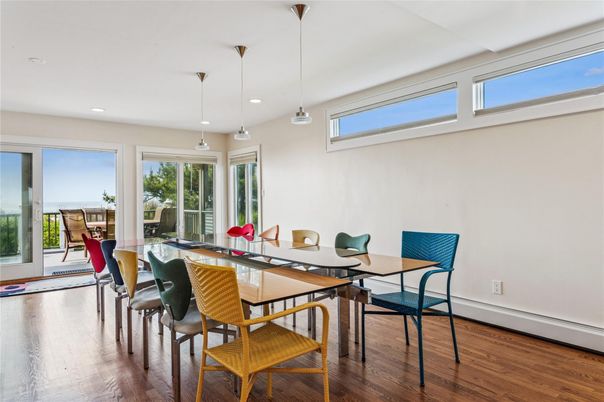 Dining room, Interior, Pendant Lights, Recessed Lighting, Wood Texture Flooring