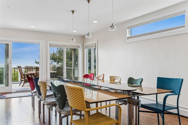 Dining room, Interior, Pendant Lights, Recessed Lighting, Water, Wood Texture Flooring