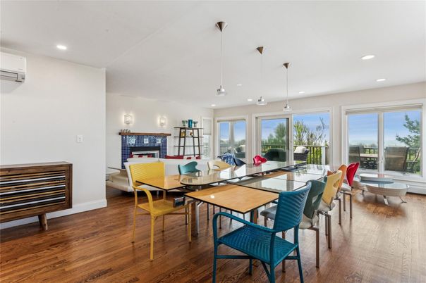 Dining room, Fireplace, Interior, Living room, Pendant Lights, Recessed Lighting, Wood Texture Flooring