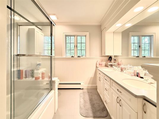 Bathroom, Dual Sink Vanities, Glass Shower, Interior, Recessed Lighting