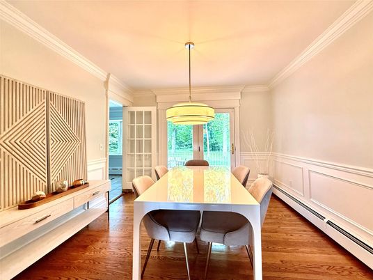 Dining room, Interior, Pendant Lights, Wood Texture Flooring