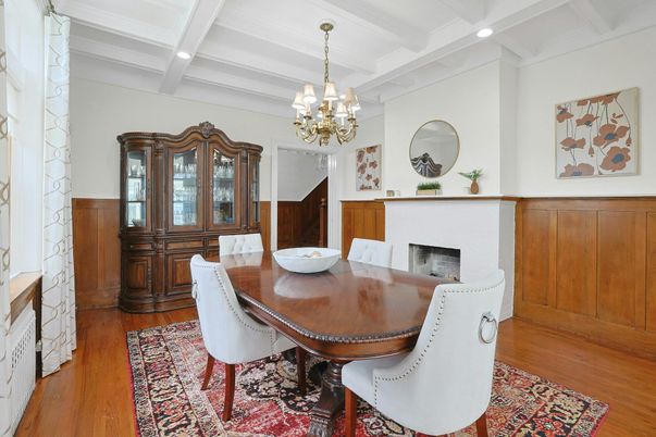 Chandelier, Dining room, Fireplace, Interior, Recessed Lighting, Wood Texture Flooring