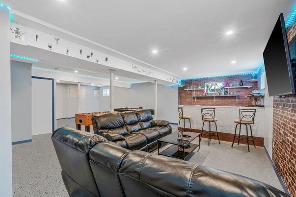 Game Room, Interior, Living room, Recessed Lighting, Stone Walls