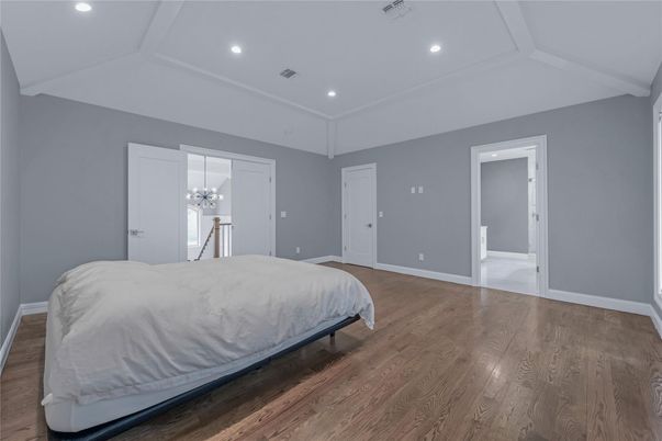 Bedroom, Interior, Recessed Lighting, Wood Texture Flooring