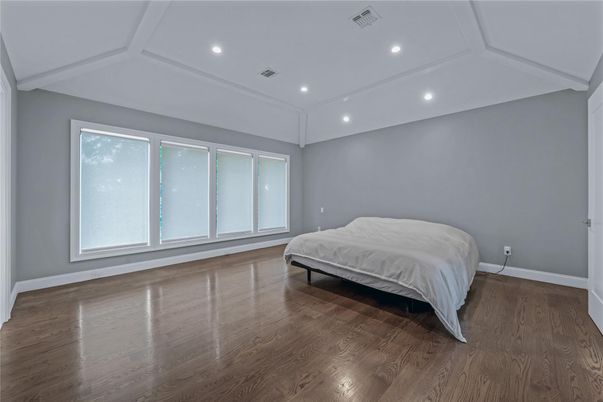 Bedroom, Interior, Recessed Lighting, Wood Texture Flooring