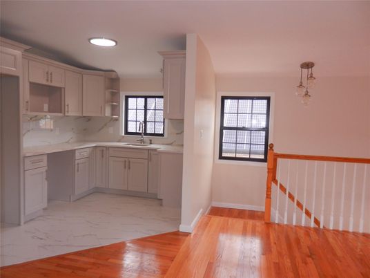 Interior, Kitchen, Marble, Marble Walls, Pendant Lights, Recessed Lighting, Wood Texture Flooring