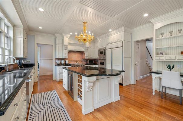 Chandelier, Interior, Kitchen, Recessed Lighting, Stainless Steel Appliances, Wood Texture Flooring
