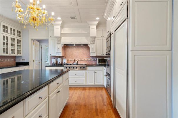 Chandelier, Interior, Kitchen, Recessed Lighting, Stainless Steel Appliances, Wood Texture Flooring