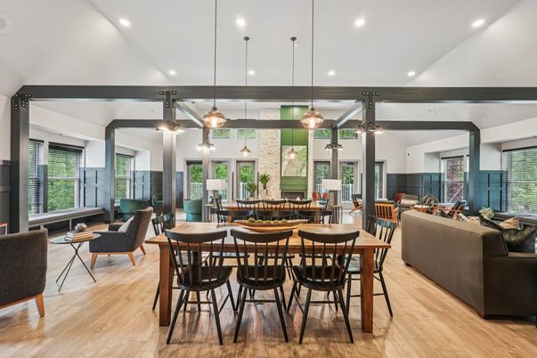 Dining room, Interior, Living room, Pendant Lights, Recessed Lighting, Wood Texture Flooring