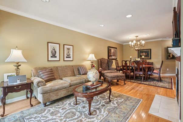 Chandelier, Dining room, Fireplace, Interior, Living room, Recessed Lighting, Wood Texture Flooring