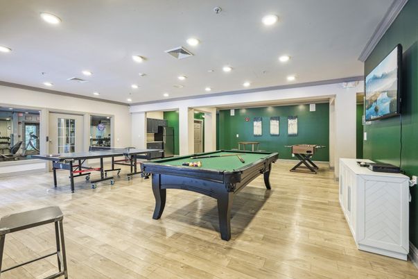 Billiard Table, Game Room, Interior, Recessed Lighting, Wood Texture Flooring