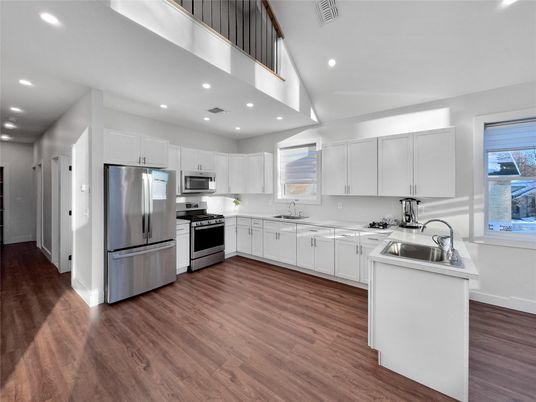 Interior, Kitchen, Recessed Lighting, Stainless Steel Appliances, Wood Texture Flooring