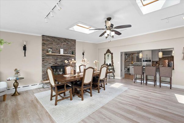 Dining room, Fireplace, Interior, Kitchen, Pendant Lights, Stone Walls, Wood Texture Flooring