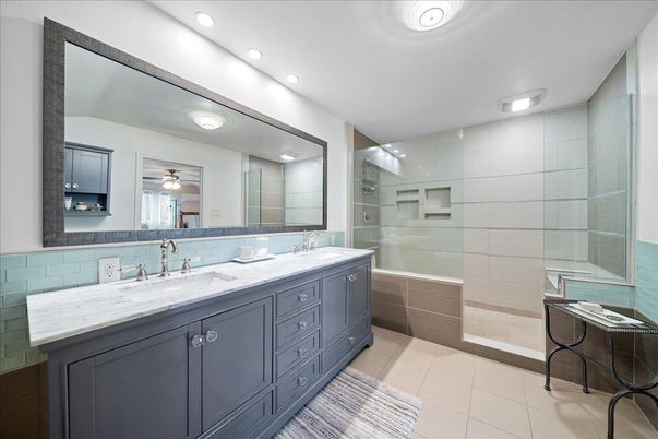 Bathroom, Dual Sink Vanities, Glass Shower, Interior, Recessed Lighting