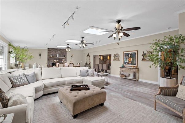 Dining room, Fireplace, Interior, Living room, Stone Walls, Wood Texture Flooring
