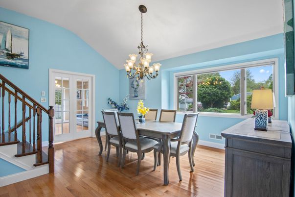 Chandelier, Dining room, Interior, Wood Texture Flooring