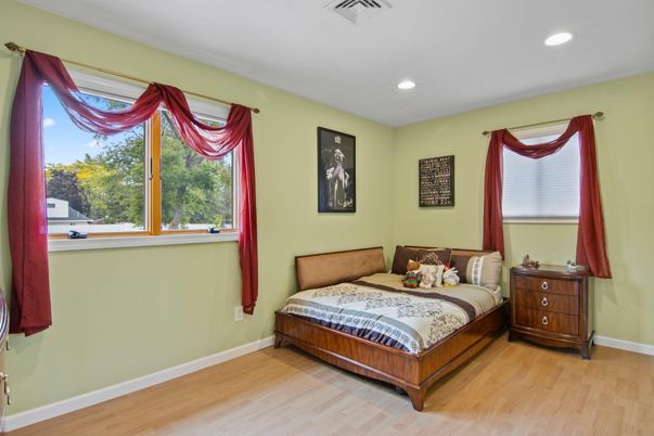 Bedroom, Interior, Recessed Lighting, Wood Texture Flooring