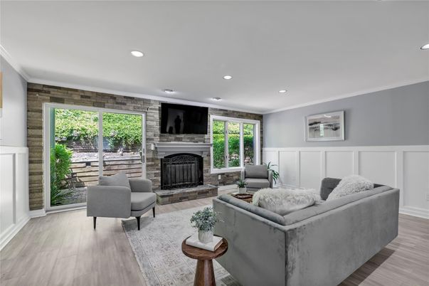 Fireplace, Interior, Living room, Recessed Lighting, Wood Texture Flooring
