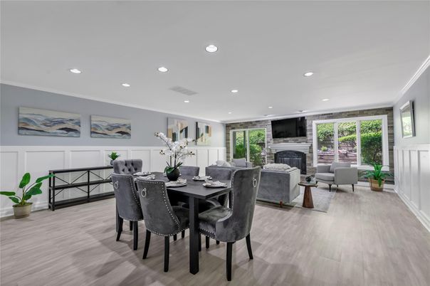 Dining room, Fireplace, Interior, Living room, Recessed Lighting, Wood Texture Flooring
