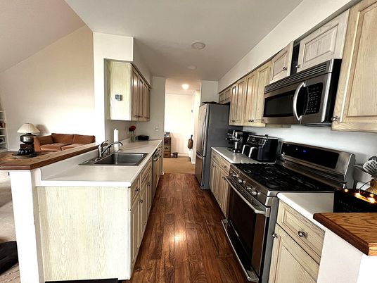 Interior, Kitchen, Stainless Steel Appliances, Wood Texture Flooring