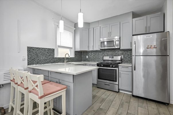 Interior, Kitchen, Pendant Lights, Stainless Steel Appliances, Wood Texture Flooring