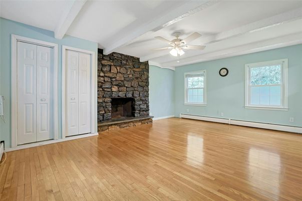 Empty room, Fireplace, Interior, Stone Walls, Wood Texture Flooring