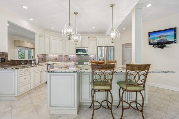 Interior, Kitchen, Marble, Pendant Lights, Recessed Lighting, Stainless Steel Appliances