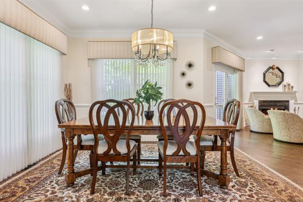 Chandelier, Dining room, Fireplace, Interior, Recessed Lighting, Wood Texture Flooring