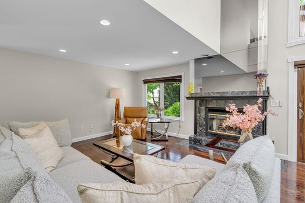 Fireplace, Interior, Living room, Recessed Lighting, Wood Texture Flooring