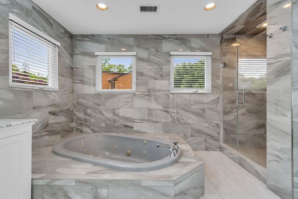 Bathroom, Glass Shower, Interior, Marble, Marble Walls, Recessed Lighting