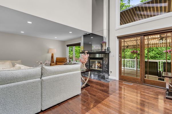 Fireplace, Interior, Living room, Recessed Lighting, Wood Texture Flooring
