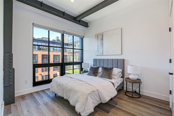 Bedroom, Interior, Recessed Lighting, Wooden Beams, Wood Texture Flooring