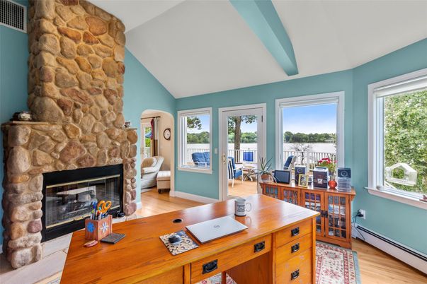 Fireplace, Home Office, Interior, Stone Walls, Wood Texture Flooring