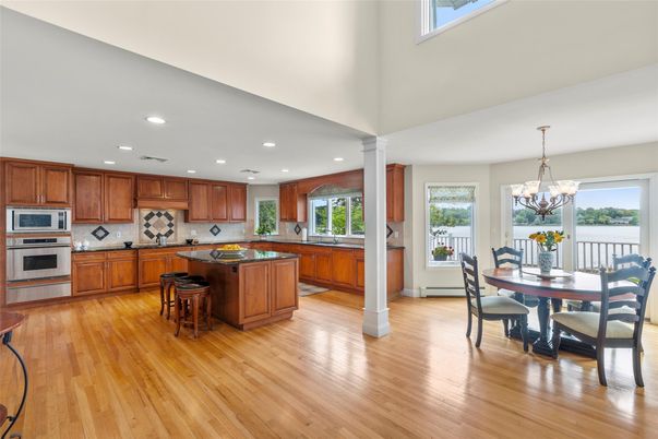 Chandelier, Dining room, Interior, Kitchen, Recessed Lighting, Wood Texture Flooring
