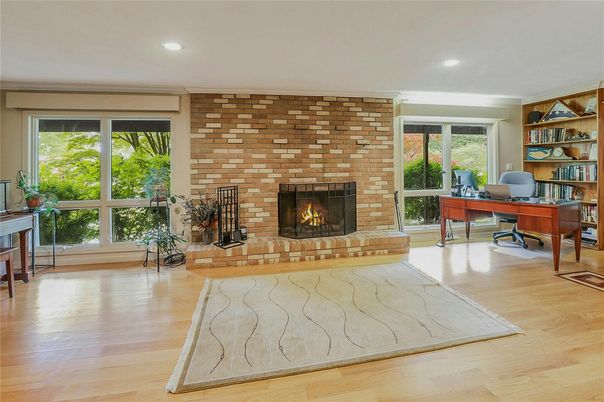 Fireplace, Home Office, Interior, Recessed Lighting, Stone Walls, Wood Texture Flooring
