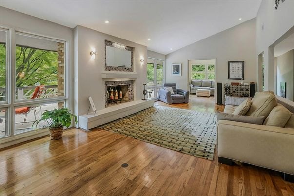 Fireplace, Interior, Living room, Recessed Lighting, Wood Texture Flooring