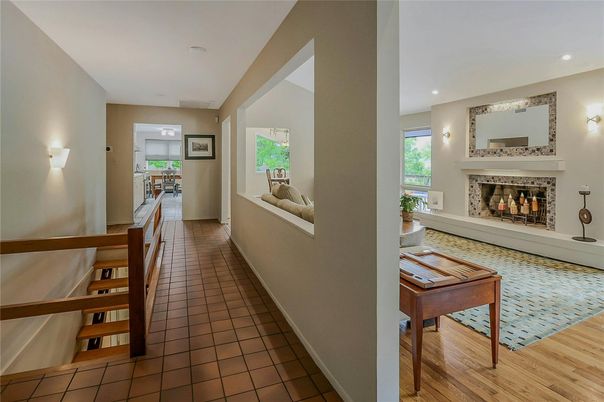 Fireplace, Interior, Recessed Lighting, Wood Texture Flooring
