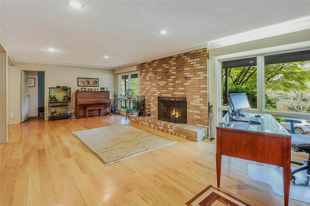 Fireplace, Home Office, Interior, Piano, Recessed Lighting, Stone Walls, Wood Texture Flooring