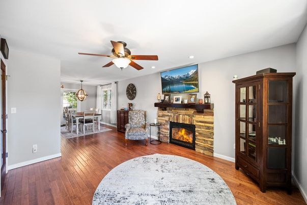 Dining room, Fireplace, Interior, Pendant Lights, Recessed Lighting, Wood Texture Flooring