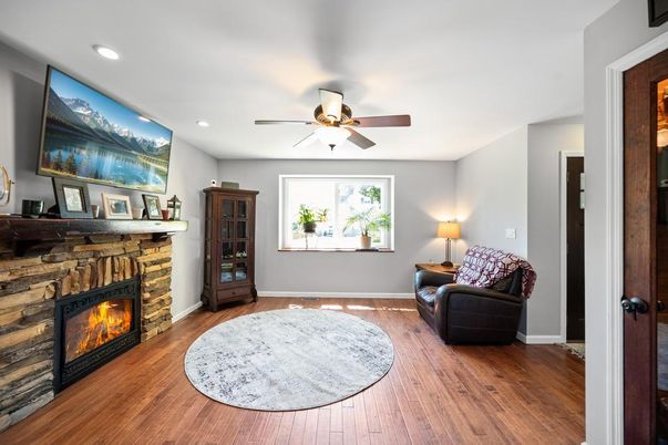 Fireplace, Interior, Recessed Lighting, Wood Texture Flooring