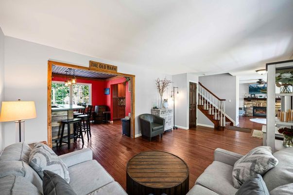 Dining room, Fireplace, Interior, Living room, Pendant Lights, Wood Texture Flooring