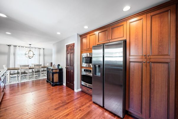 Dining room, Interior, Kitchen, Recessed Lighting, Stainless Steel Appliances, Wood Texture Flooring